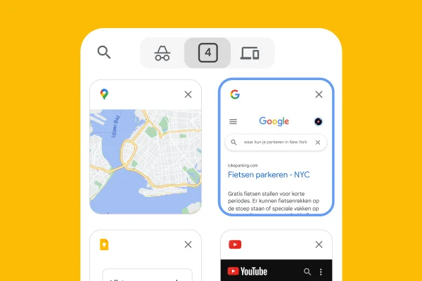 Een mobiele browser laadt tabbladen van een desktopbrowser, waaronder Google Maps.